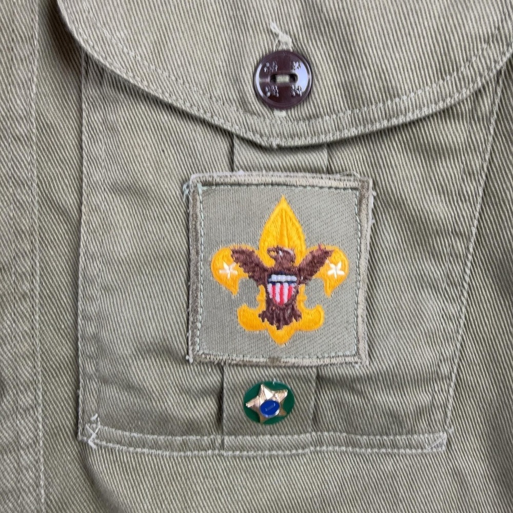 Vintage Boy Scouts Of America Shirt Boys Medium Green Uniform Twill Patches - Picture 5 of 13